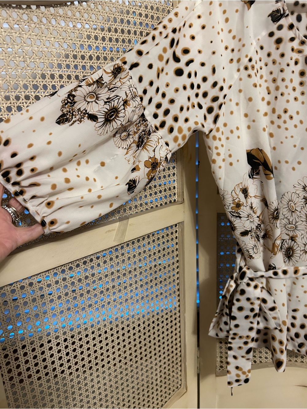 BCBGMaxAzria White Blouse with Gold & Black Floral Dot Print - Picture 3 of 8